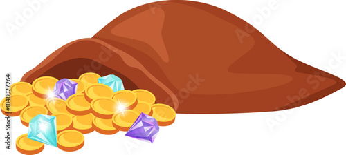 Bag spilling gold coins and precious sparkling gems