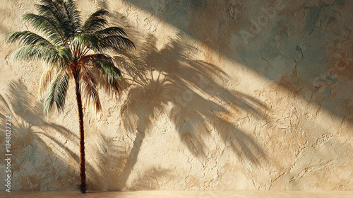 A solitary palm tree casts a long, captivating shadow on a textured wall, bathed in warm sunlight. The scene evokes a sense of tranquility and the beauty of nature. 
