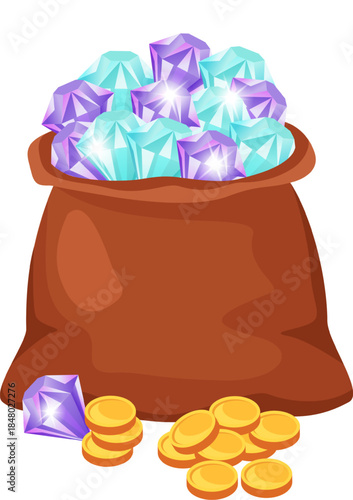 Brown sack brimming with shimmering gemstones and gold coins