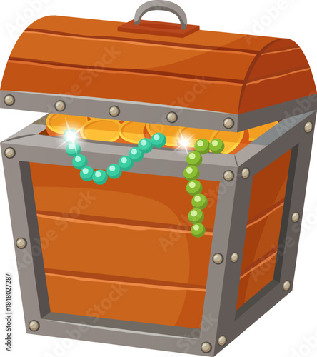Open wooden treasure chest overflowing with gold coins