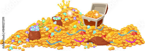 Pirate treasure chest overflowing gold coins and gems
