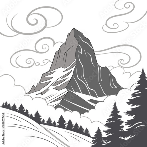 Majestic mountain peak in cloudy skies