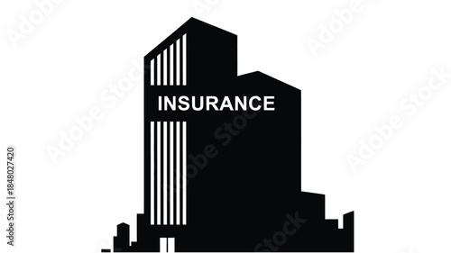 A stark black silhouette of a modern building prominently displays the word insurance in white