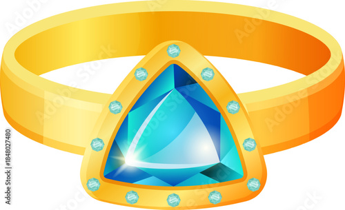 Golden wedding ring with blue triangular gemstone