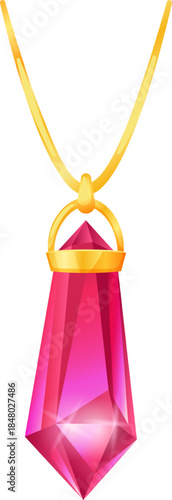 Pink crystal pendant hanging on gold necklace