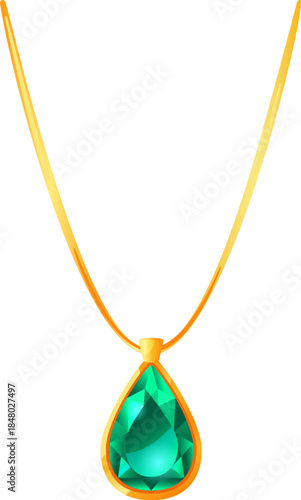Golden necklace with emerald teardrop gemstone pendant