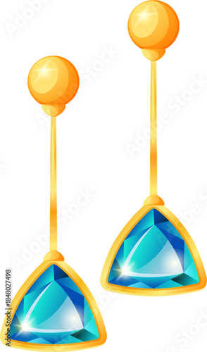 Golden earrings with blue triangular gemstones dangling