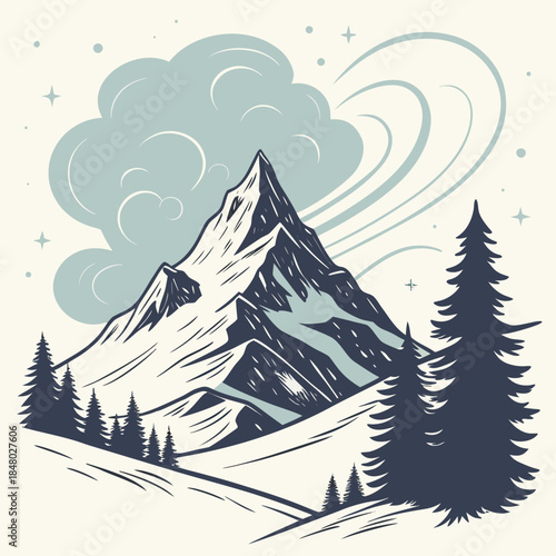 Snowy mountain peak with clouds