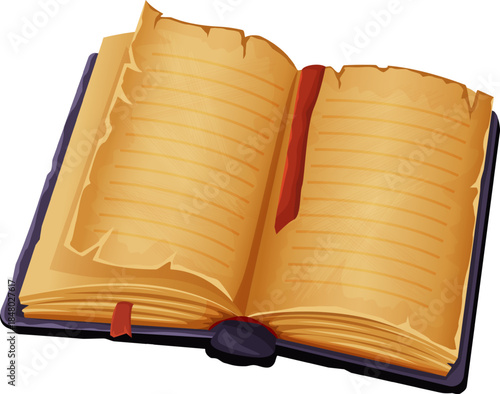 Open book with blank aged pages and bookmark