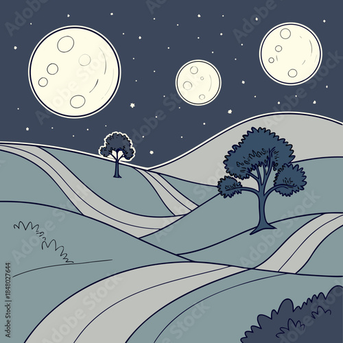 Night landscape with moon phases