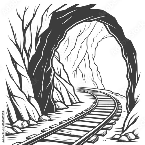Railroad track through mountain tunnel