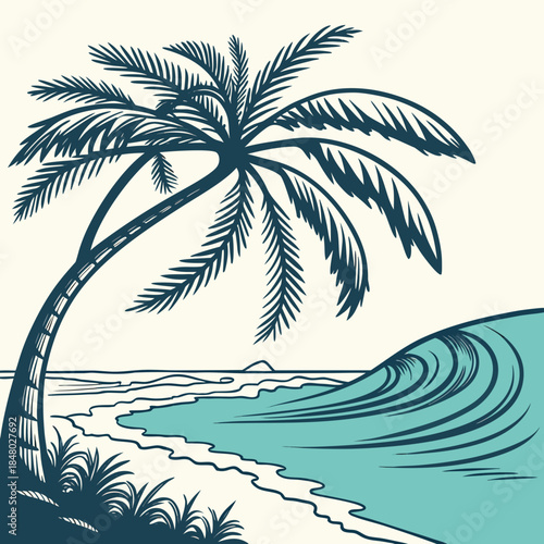 Tropical beach with palm tree and waves