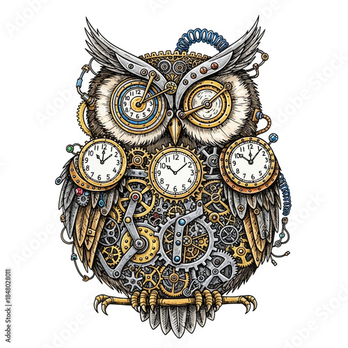 Steampunk owl with clockwork gears and mechanical wings on white background