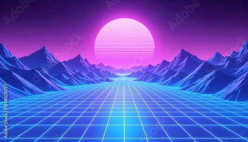 Vibrant neon landscape with grid floor and pink sun