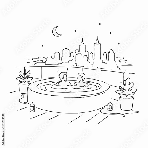 Line art of a couple relaxing in a hot tub with city skyline at night on isolated background
