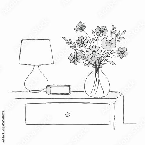 Line art representation of a bedside table with a lamp and a vase of flowers on isolated background
