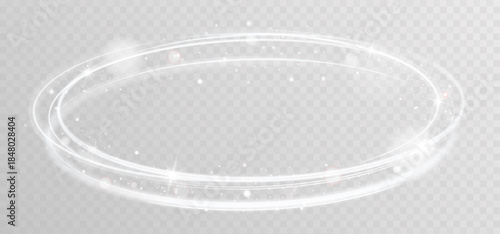Glowing white spiral with rotating shiny rings and abstract speed lines, creating dynamic circular motion and luminous light trail effect on transparent background.
