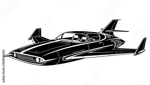 Retro futuristic flying car with jet wings and tail fins
