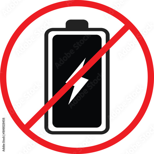Battery Icon with forbidden sign. No charging symbols. Electronic power restriction graphic design. Battery prohibited signs

