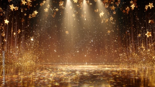 Golden stage spotlight Starry glitter floor with awards ceremony backdrop.