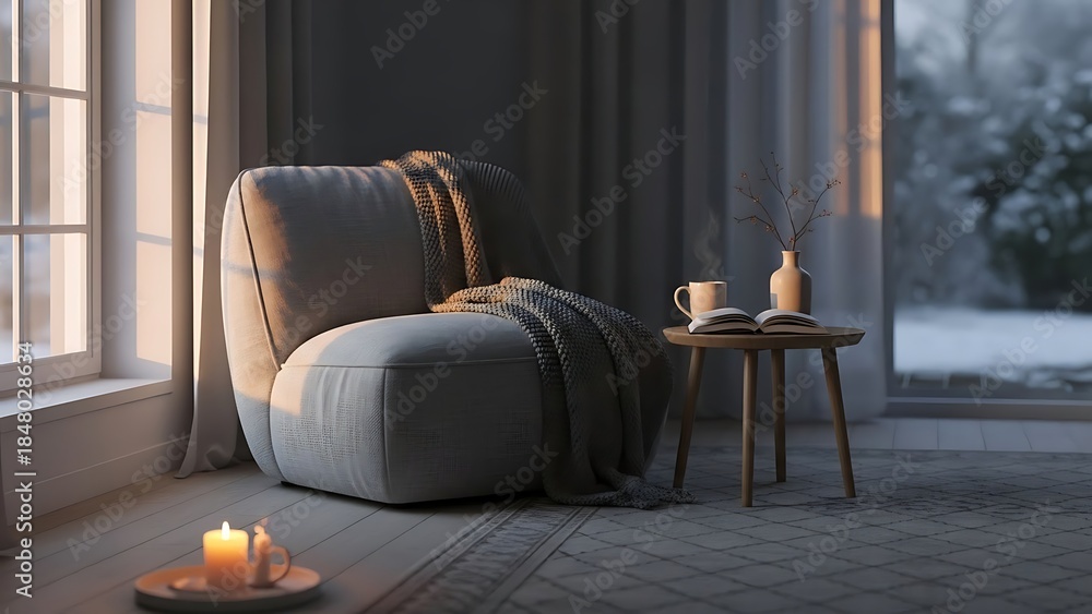 Fototapeta premium Cozy Modern Living Room Corner with Sunlight, Throw Blanket, Candle, and Decorative Vases for Stylish Home Decor and Relaxation Spaces