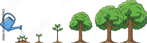 Tree Growth Stages Illustration Showing Watering, Seedling, Young Plant, and Mature Trees Representing Gardening, Nature Lifecycle, Forestry, and Environmental Education Design