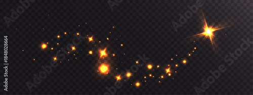 Golden sparkling stars and glowing particles forming magical light trail with bright flare on transparent background.