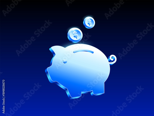 3d blue piggy bank savings illustration with falling dollar coins, representing money saving, finance growth, and investment concept. Vector illustration