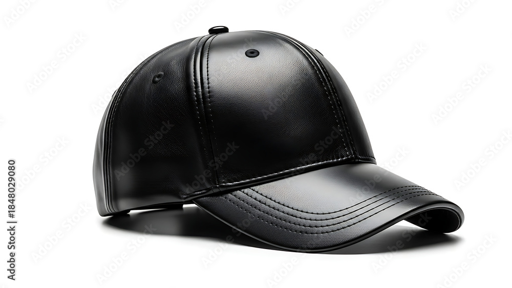 Obraz premium Side view of a sleek black leather baseball cap isolated on white background. 