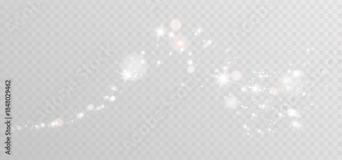 White glowing light trail with sparkling particles and soft curves, magical abstract motion effect on transparent background.

