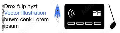 Finance, technology, innovation, digital payment, rocket launch, wireless systems. Image shows a rocket, chip card and wireless elements. Finance and technology concepts are