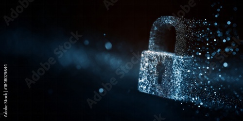 Digital padlock illustration dissolves into glowing particles against a dark background