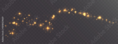 Golden sparkling stars and glowing particles forming magical light trail with bright flare on transparent background.