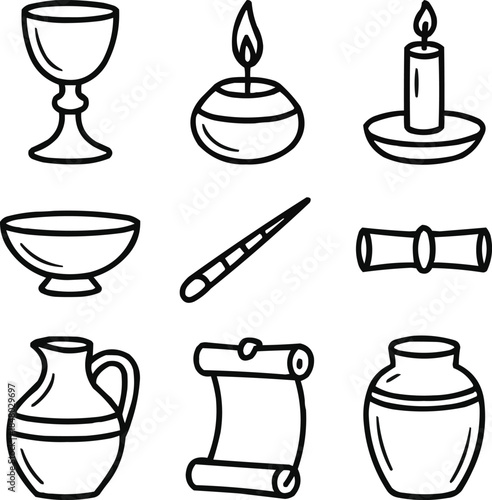 Sacred Altar Outline Icon Set  Offering Bowl, Chalice, Scroll, and Ritual Elements