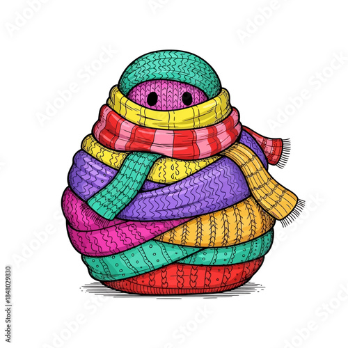 Colorful cartoon character wrapped in multiple vibrant scarves and a hat