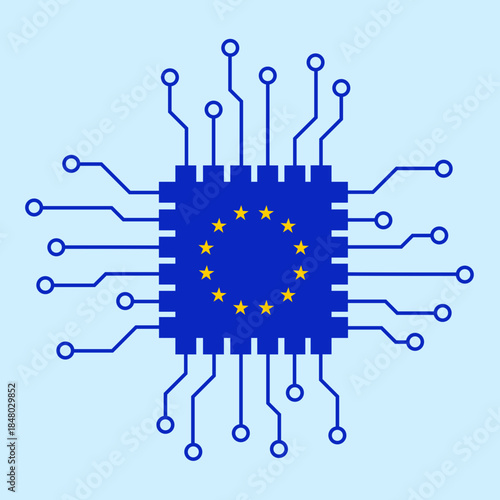 Chip, microchip and semiconductor manufacture and production in Europe and European Union. EU countries and cybernetic, it and computer technology through Chips Act. Vector illustration isolated.