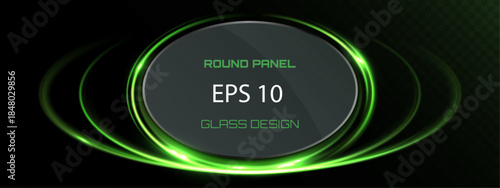 Modern green glowing oval glass panel with neon light rings and dynamic energy trails on dark transparent background.
