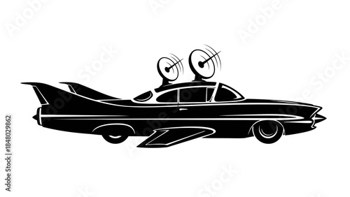 Retro futuristic flying car with dual antennas and tail fins