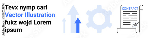 Business growth, contract management, strategic planning, agreements, productivity, innovation. Graphic with arrows, gear and contract document. Business growth and contract management concept