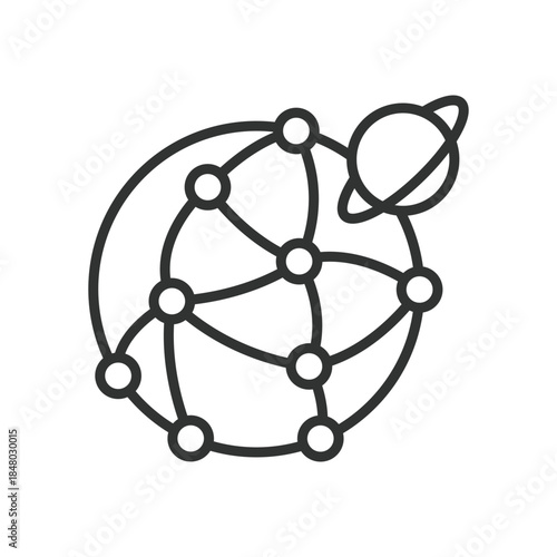 Global network icon in line design. worldwide connection, internet, communication nodes, planet networking on white background vector. Global network editable stroke icon