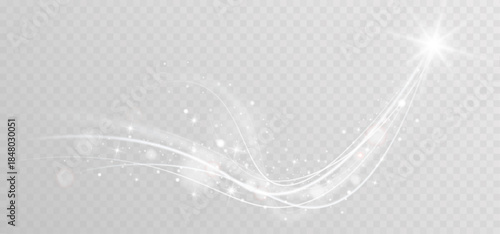 White glowing light trail with sparkling particles and soft curves, magical abstract motion effect on transparent background.
