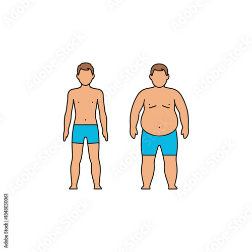 Two adult men with blue shorts showing different body types.