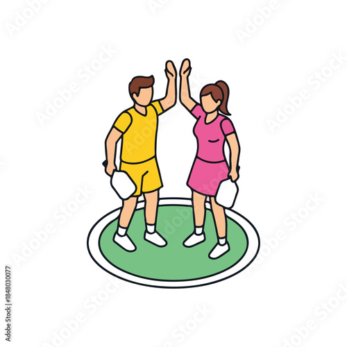 Two Athletes High Five Celebration On Platform.