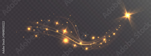 Golden light trail with sparkling stars and glowing particles on transparent background, magical abstract motion effect.