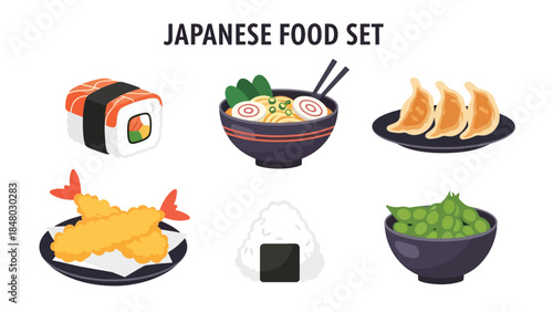 Japanese food set featuring sushi, ramen, tempura, dumplings, takoyaki & edamame. Perfect for menus, apps, websites & culinary designs. Flat vector illustrations