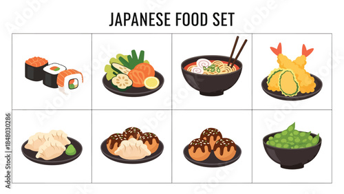 Japanese food set featuring sushi, ramen, tempura, dumplings, takoyaki & edamame. Perfect for menus, apps, websites & culinary designs. Flat vector illustrations