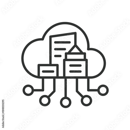 City cloud tech icon in line design. smart city, cloud services, urban technology on white background vector. City cloud tech editable stroke icon