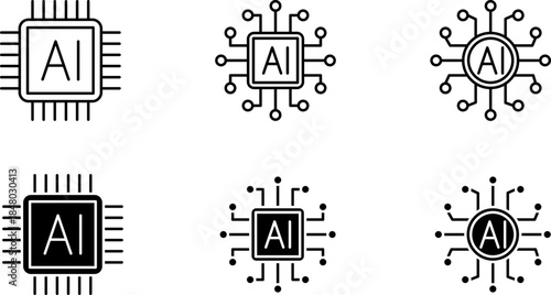 Artificial Intelligence (AI) Processor Icons – Minimalist Microchip and Circuitry Symbols