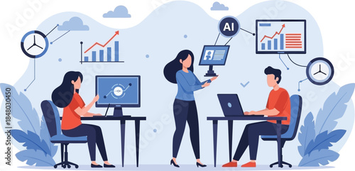 Business meeting in office with laptops and presentation illustration