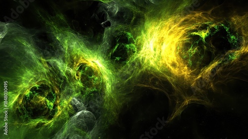 Abstract visualization of vibrant green and yellow cosmic energy swirls in deep space